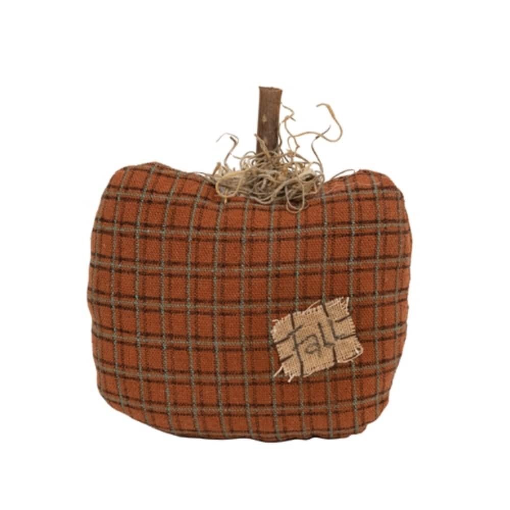 Stuffed Orange Plaid Mossy Top Fall Pumpkin Plush Primitive Autumn Decor with Twig Stem - 4.5” wide by 2” deep