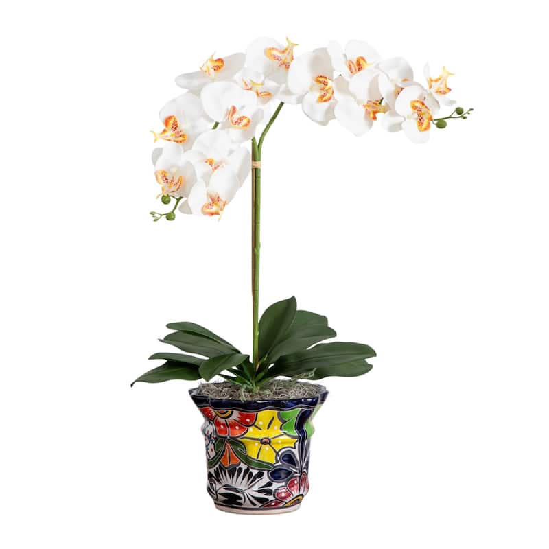Double Orchid Artificial Floral Arrangement in Mexican Talavera Planter - 26"