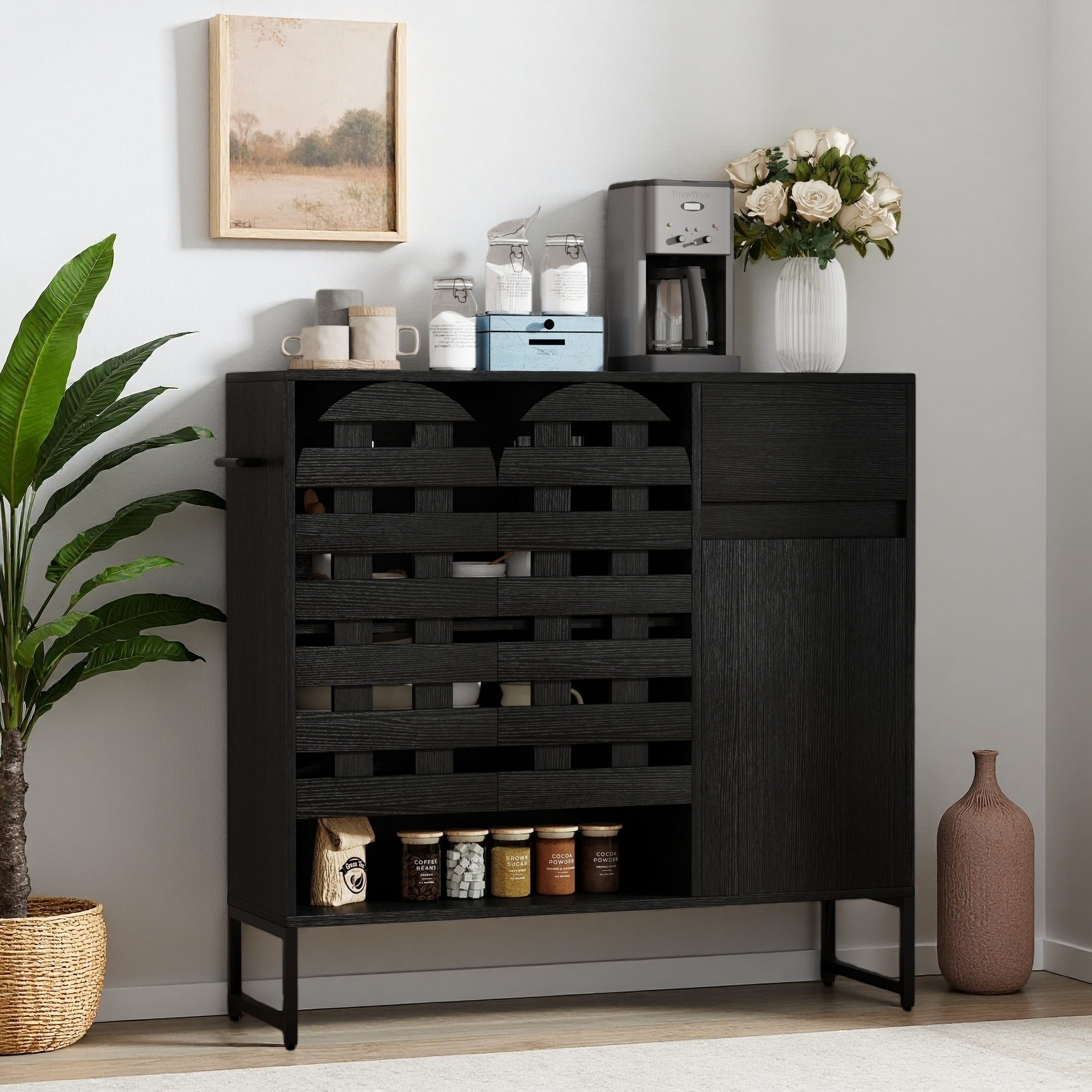 44.3" Farmhouse Sideboard Cabinet with Arched Lattice Doors & Drawer, Rustic Storage and Coffee Bar Console for Living Room