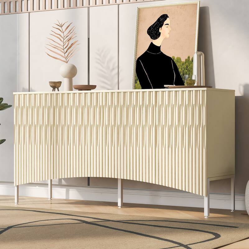 Buffet Cabinet with 4 Curved Bottom Doors, Sideboard Cabinet with Metal Legs, Console Table with Adjustable Shelf - Beige