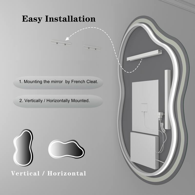 KIOTEE Frameless Irregular LED Anti-Fog Bathroom Vanity Mirror Asymmetrical Front and Backlit Wall Mirror