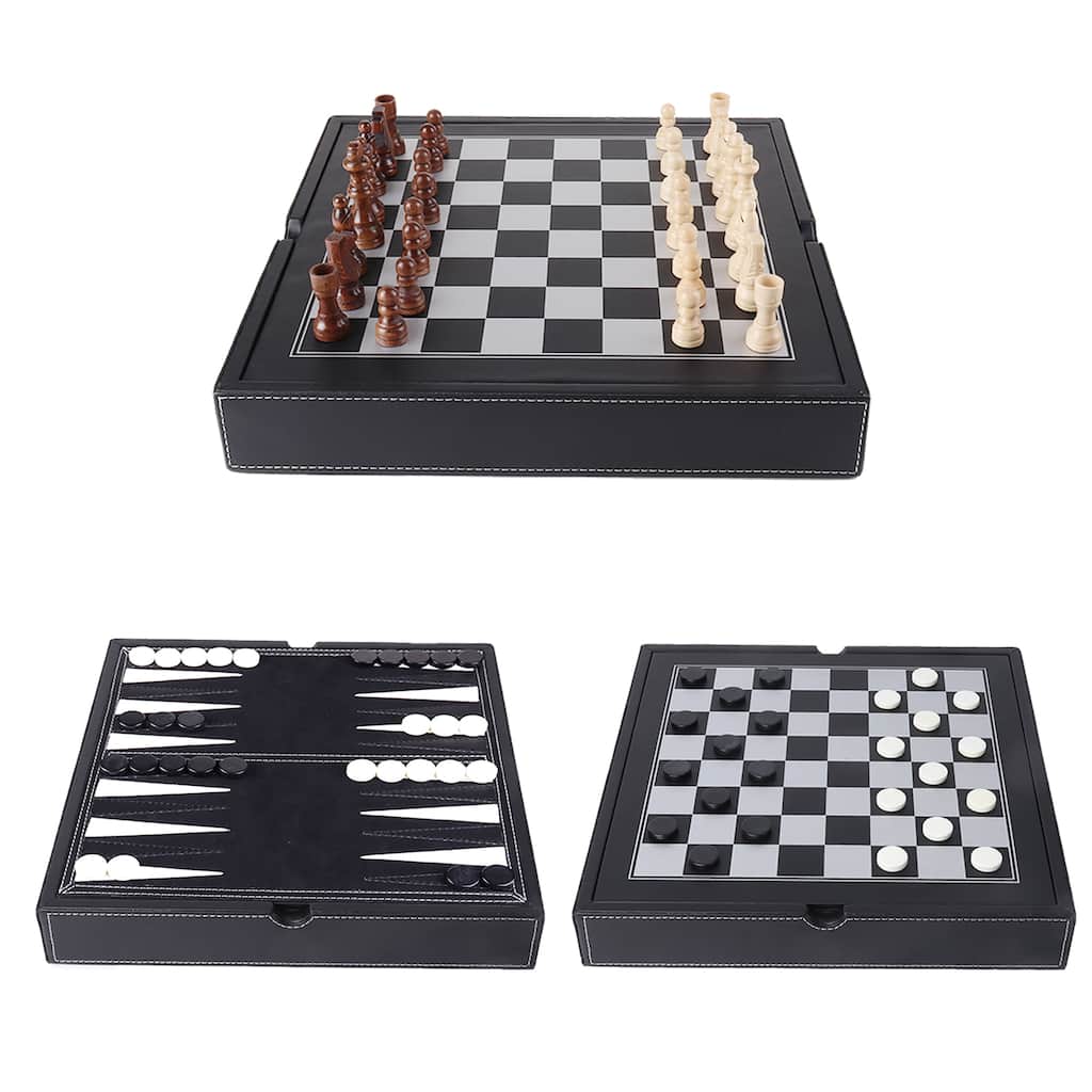 GSE Premium Leather 3-in-1 Chess, Checker and Backgammon Board Game Combo Set