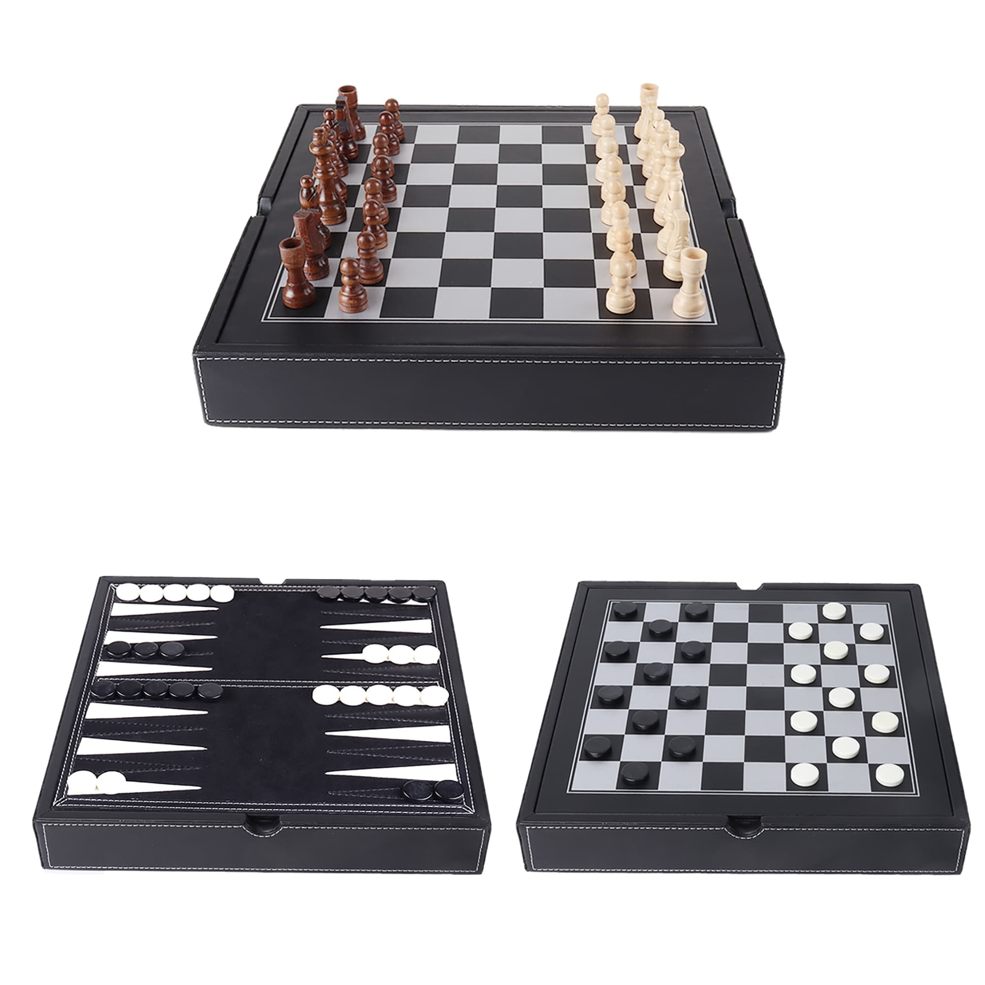 GSE Premium Leather 3-in-1 Chess, Checker and Backgammon Board Game Combo Set