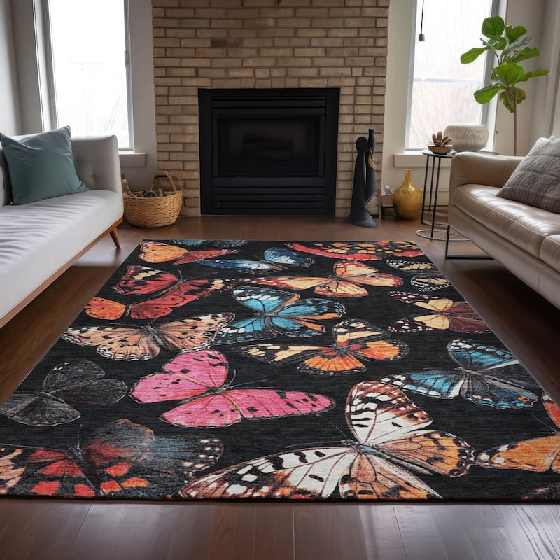 Machine Washable Indoor/Outdoor Butterflies Chantille Rug