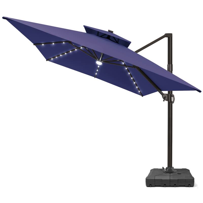 10 X 13 FT Outdoor Patio Cantilever Umbrella with Solar Lights Wheeled Base Double Canopy 360 Rotation Tilt