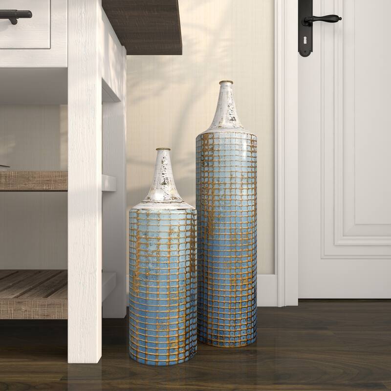Blue Metal Distressed Tall Geometric Decorative Vase with Grid Pattern and Gold Accents (Set of 2)