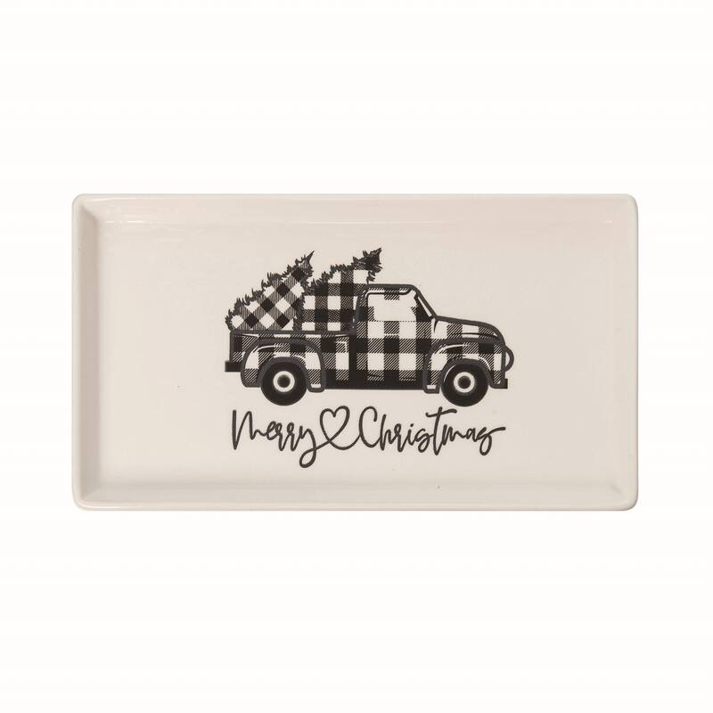 Transpac Dolomite 9.25 in. Multicolor Christmas Buffalo Check Truck Tray