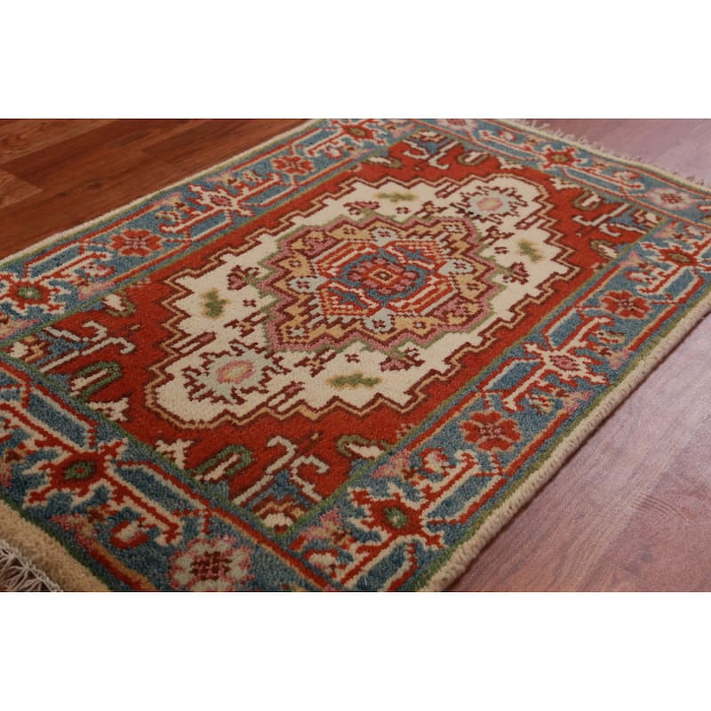 Hand Knotted Oriental 100% Wool Carpet Traditional Medallion Beige & Ivories Heriz (serapi) Area Rug - 3' 0'' X 2' 0''