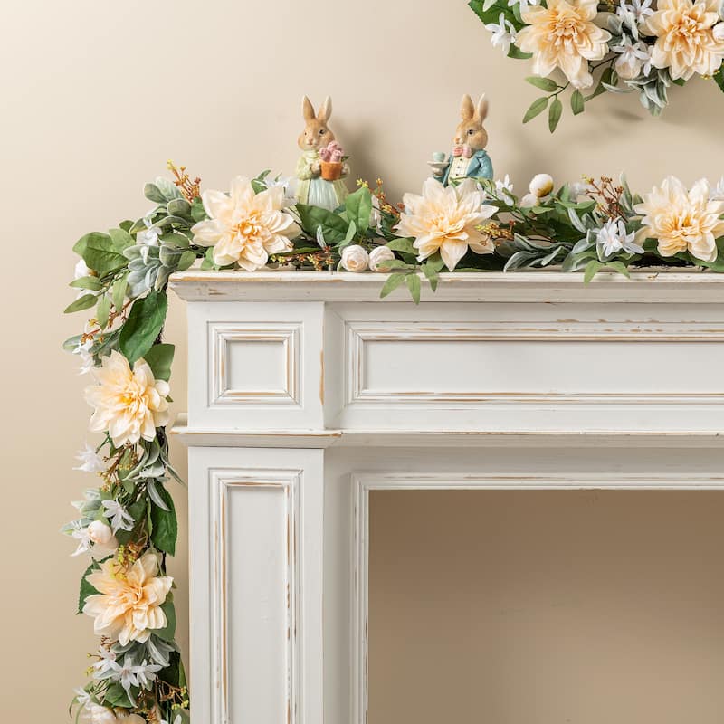 Glitzhome Peach Dahlia Floral Wreath Teardrop Garland