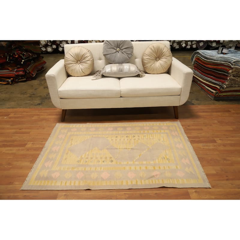 Hand Woven Oriental 100% Wool Carpet Southwestern Tribal Yellow & Gold Kilim Area Rug - 4' 10'' X 3' 4''