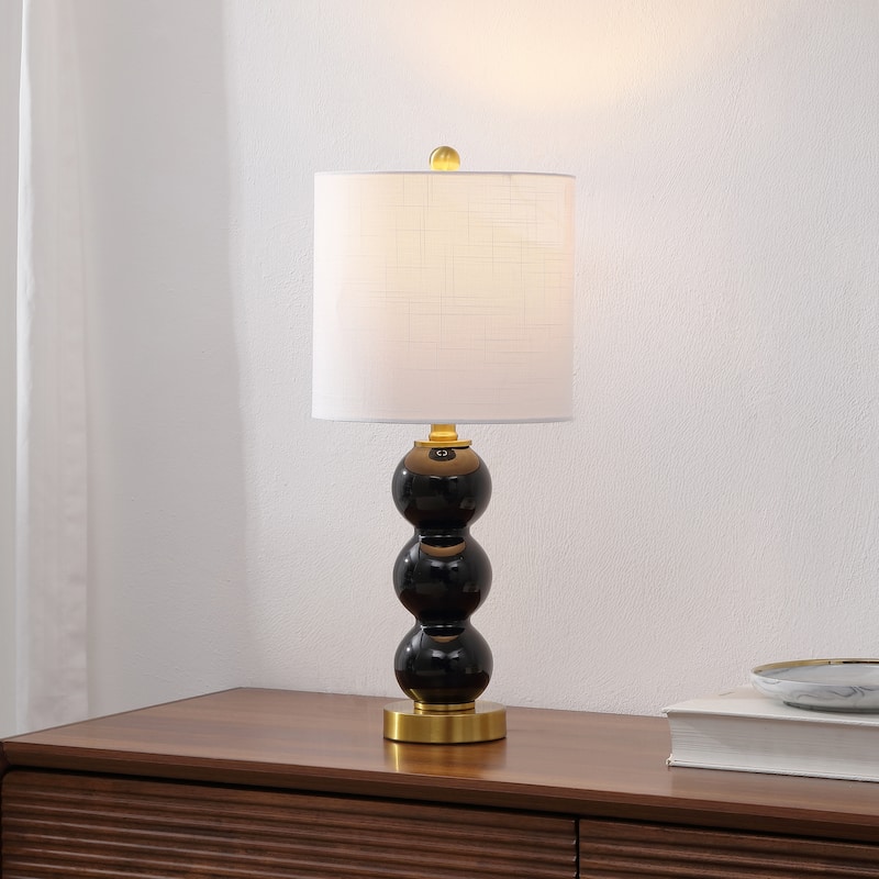 Wilson 21" Glass/Metal LED Table Lamp, White/Brass Gold by JONATHAN Y