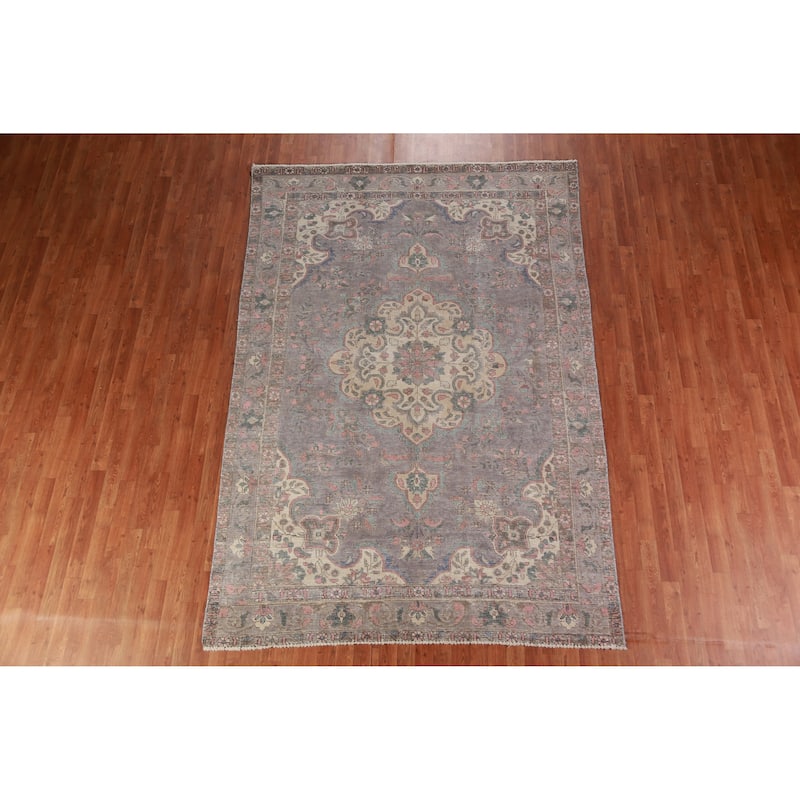 Gray Tabriz Persian Vintage Area Rug Handmade Wool Carpet - 6'8" x 9'7"