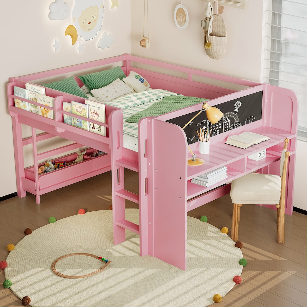 Full Loft Bed with Multi-storage Bookcases, Boxes and Drawers, Solid Wood Low Loft Beds with Desk and Blackboard, Pink