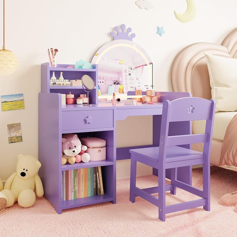 2-in-1 Princess Makeup Vanity Desk & Chair Set for Girls Best Gift - Purple