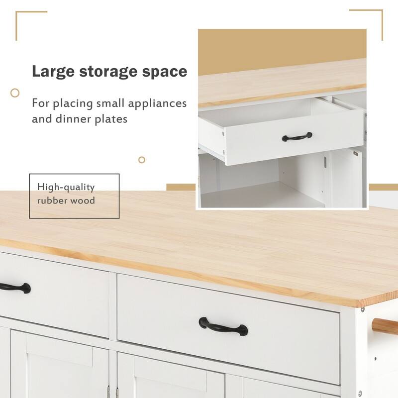 35"W Kitchen Island Cart with Solid Wood Top and Locking Wheel，4 Door Cabinet and 2 Drawers，Spice Rack, Towel Rack and Handle