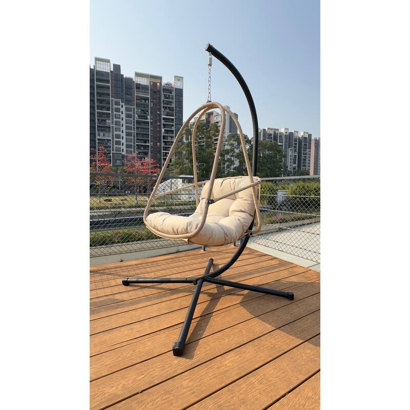 Swing Egg Chair with Stand and Cup Holder, Basket Hanging Chair with Cushion & Pillow Patio Wicker Hanging Chair