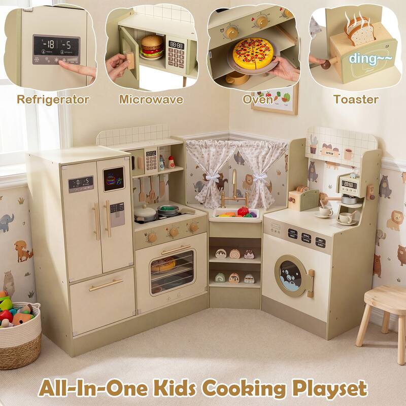 Gymax Kids Corner Play Kitchen w/Faucet Dishwasher Stoves Coffee
