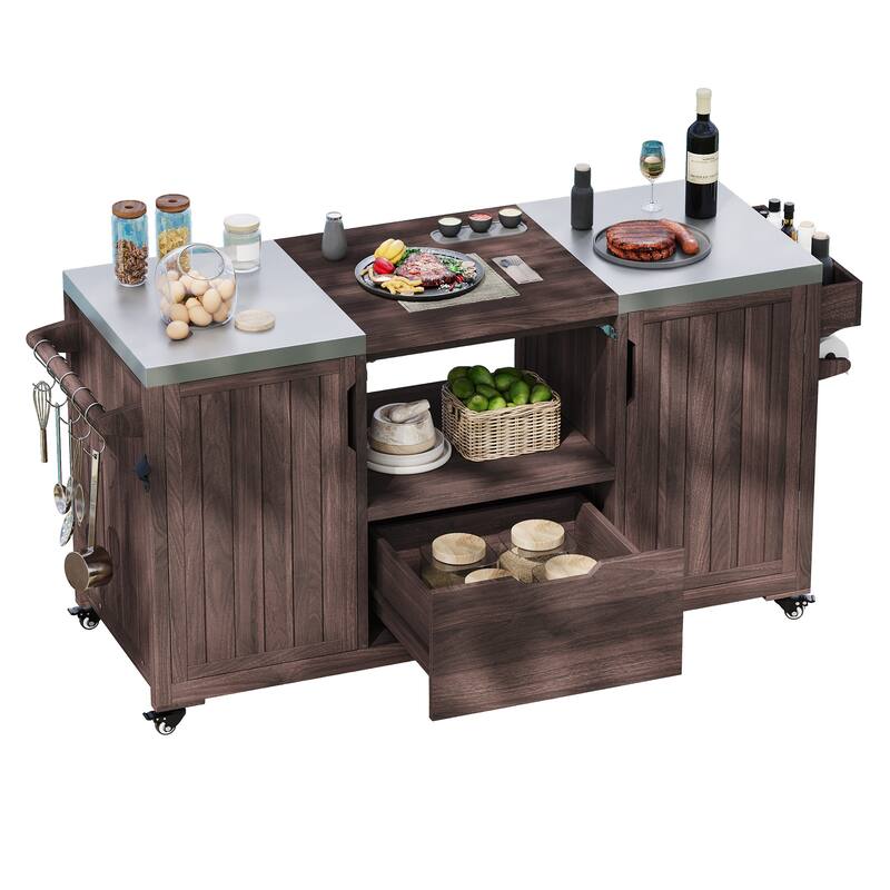 Outdoor Kitchen Island Grill Cart for Big Green Egg Grills with Stainless Steel Top and Storage Racks