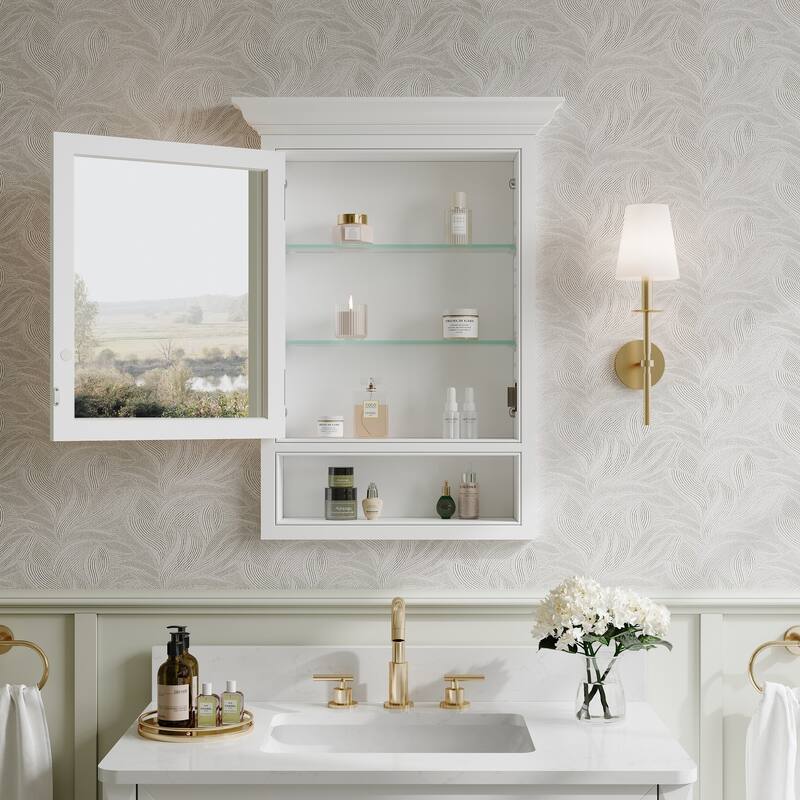 24"W x 32"H Recessed Wall-Mounted Solid Wood Medicine Cabinet with Adjustable Glass Shelves and Bottom Storage Shelf