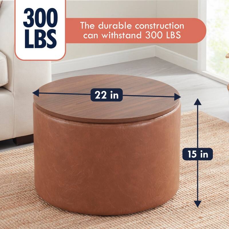 Parker Large Round Storage Coffee Table Ottoman with Wooden Lift Off Lid