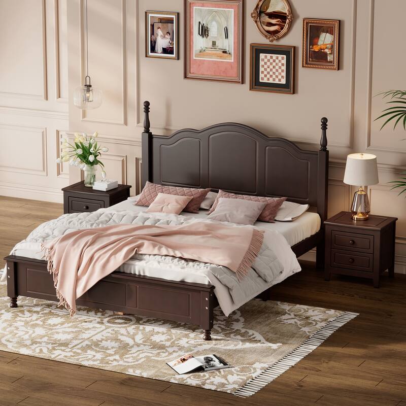 3-Pieces Bedroom Sets, Queen Size Wood Platform Bed & 2 Nightstands Upholstered Bed Frame No Box Spring Needed, Easy Assembly - Brown