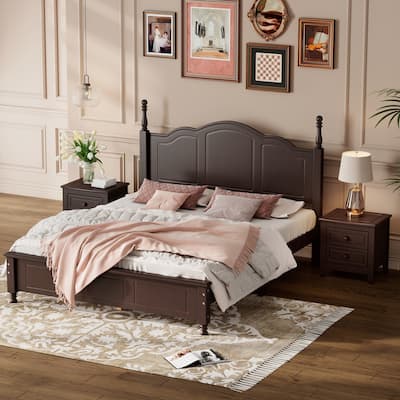 3-Pieces Bedroom Sets, Queen Wood Platform Bed & 2 Nightstands, Walnut