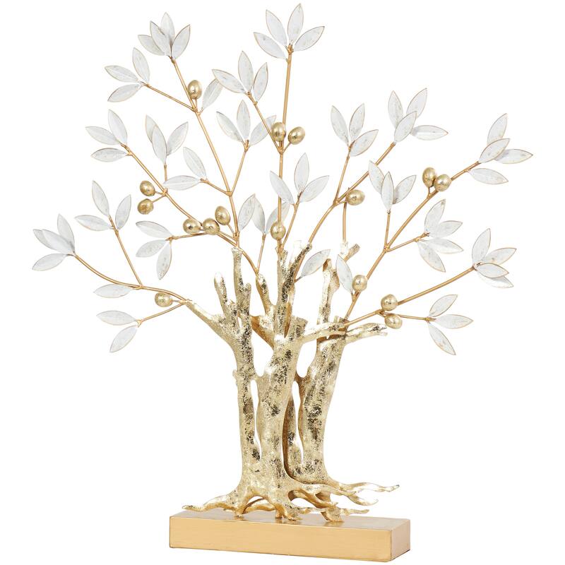 Gold Metal Metallic Tree Decorative Sculpture with White Leaves