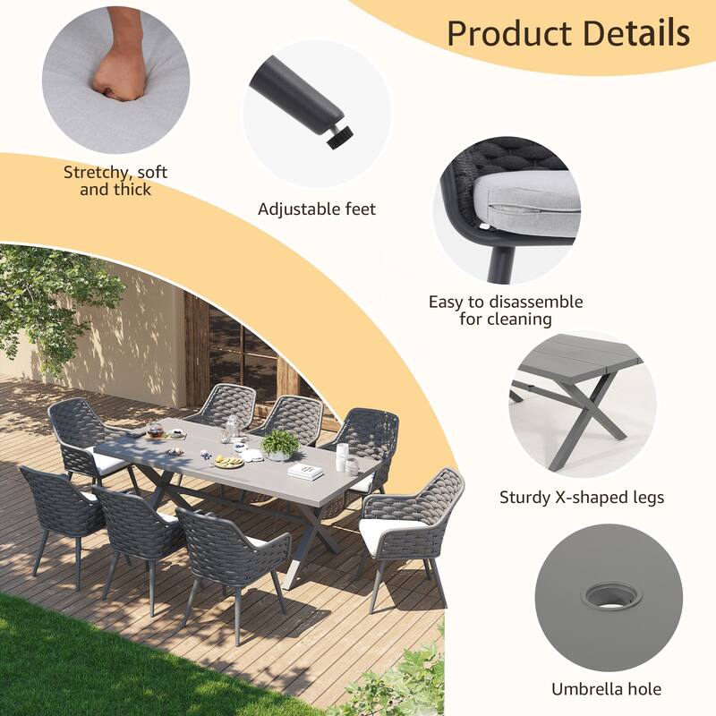 Outdoor Patio Dining Sets with Handwoven Rope Chairs and X-leg Aluminum Dining Table for 8 Persons