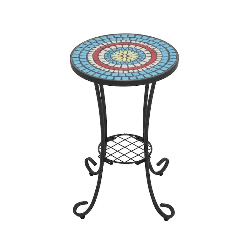 Roomfitters Outdoor Patio Side Table with Ceramic Tile Top and Lower Shelf, Floral