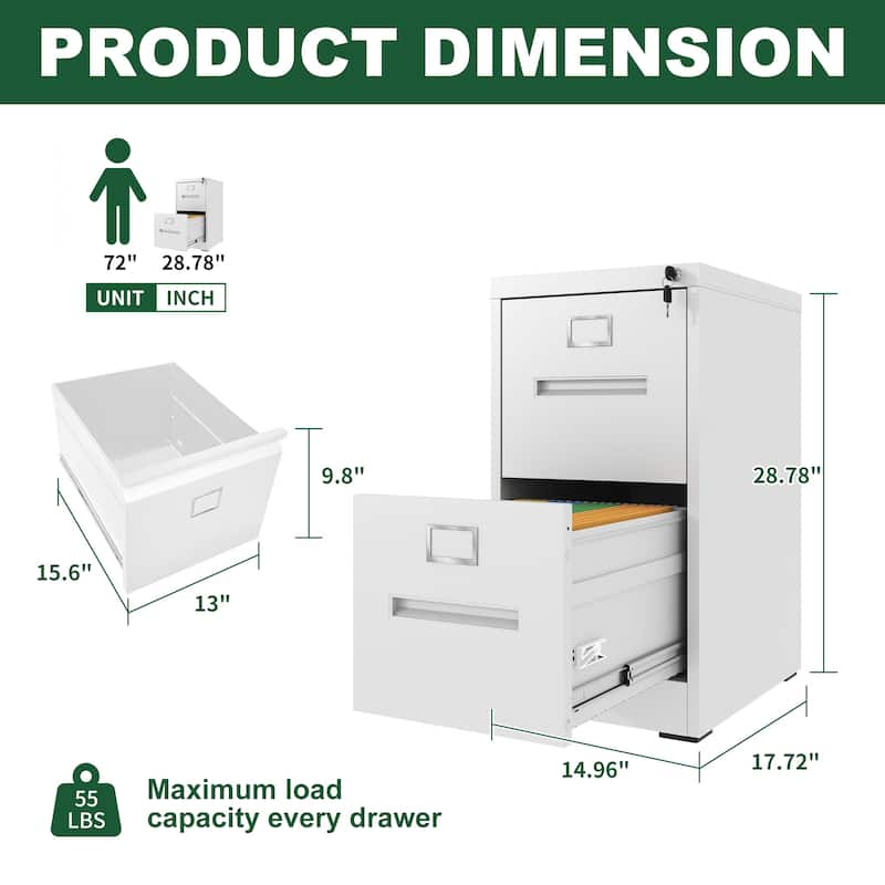2 Drawer File Cabinet with Lock Metal Vertical File Cabinet Office Home, A4 Legal/Letter Size Narrow File Cabinet Locked