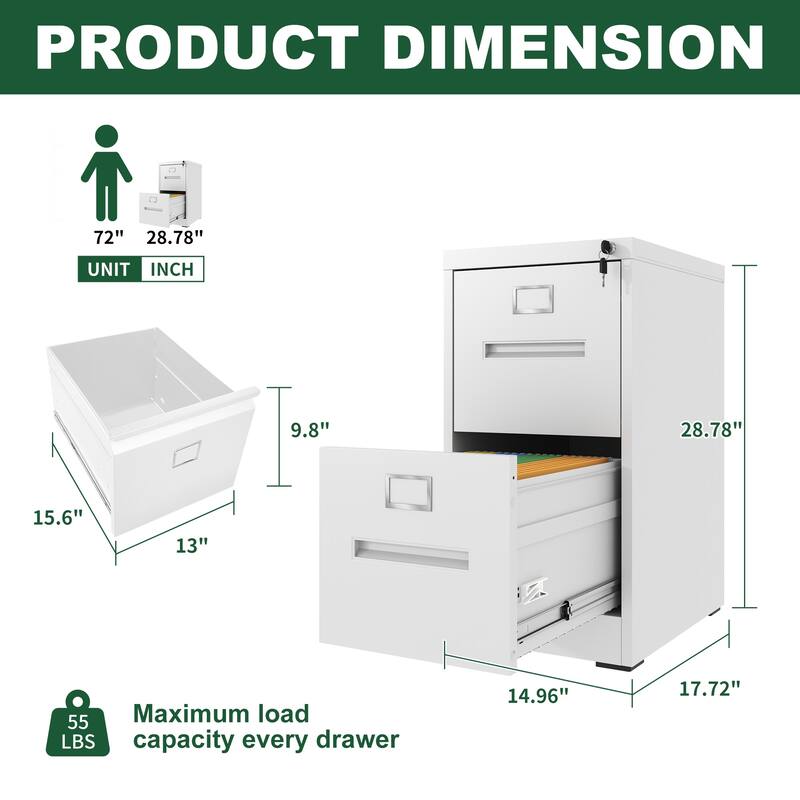 Modern 2-Drawer Narrow Filing Cabinet, Vertical Filing Cabinet with Lock and Anti-Tilt Function, for Home Office