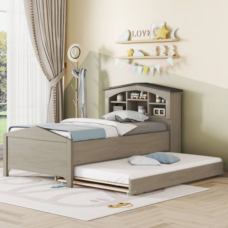 Twin Size Wood Platform Bed with House-shaped Storage Headboard and Trundle