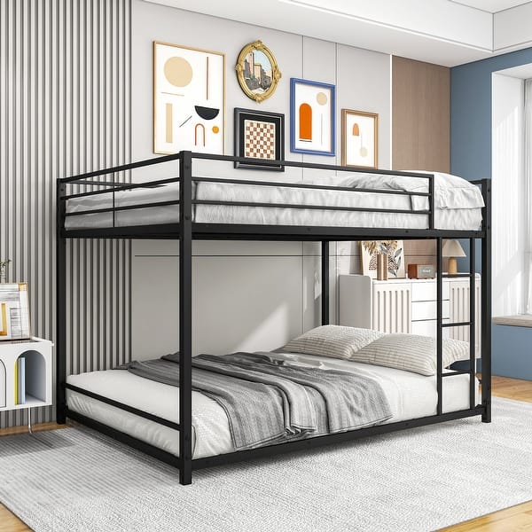 slide 2 of 8, Full over Full Metal Bunk Bed with Upper-level Guardrail & Stepped Tube, Heavy Duty Space-Saving Design, Easy Assembly, Black Black