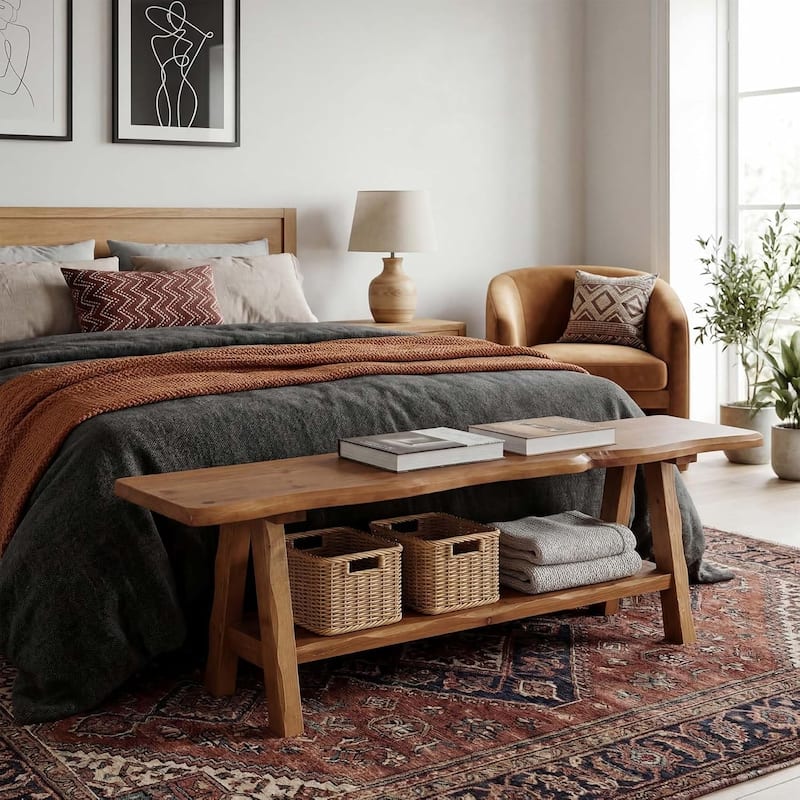55-Inch Solid Wood Entryway Bench Indoor, Farmhouse Long End of Bed Bench with Live-Edge - 55.1" W x 13.8" D x 17.7" H