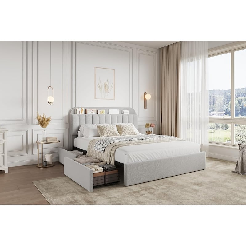 Bed Frame with 2 Drawers, Boucle Upholstered