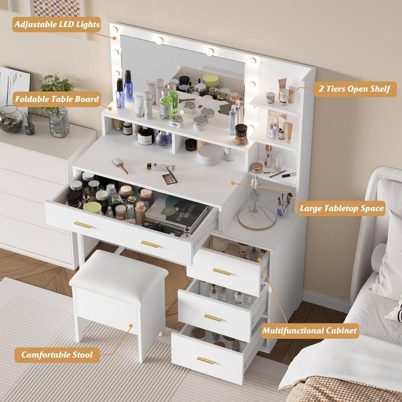 Vanity Desk with Mirror & 9 LED Lights - 5 Drawers and 3 Open Shelves