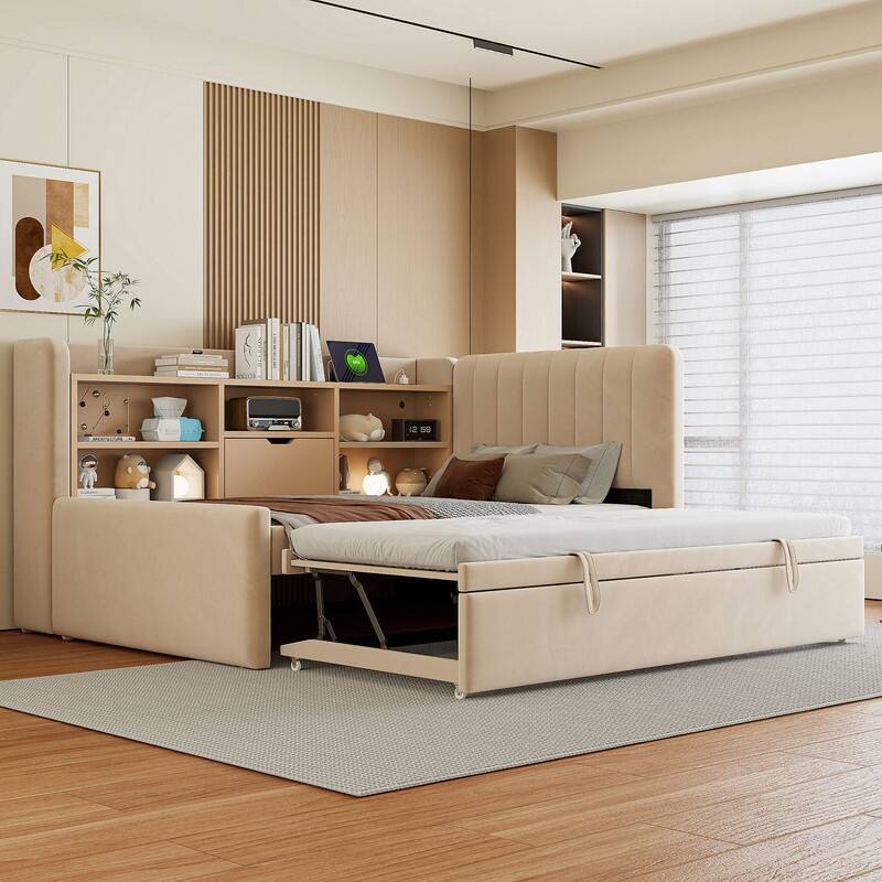 Twin Size Upholstered Daybed with Trundle, Storage Platform Bed Frame with Shelves and Charging Station