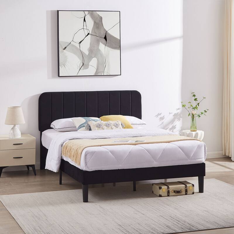 VECELO Velvet Upholstered Bed Frame with Vertical Channel Tufted Headboard, Adjustable Headboard, Wooden Slats Support
