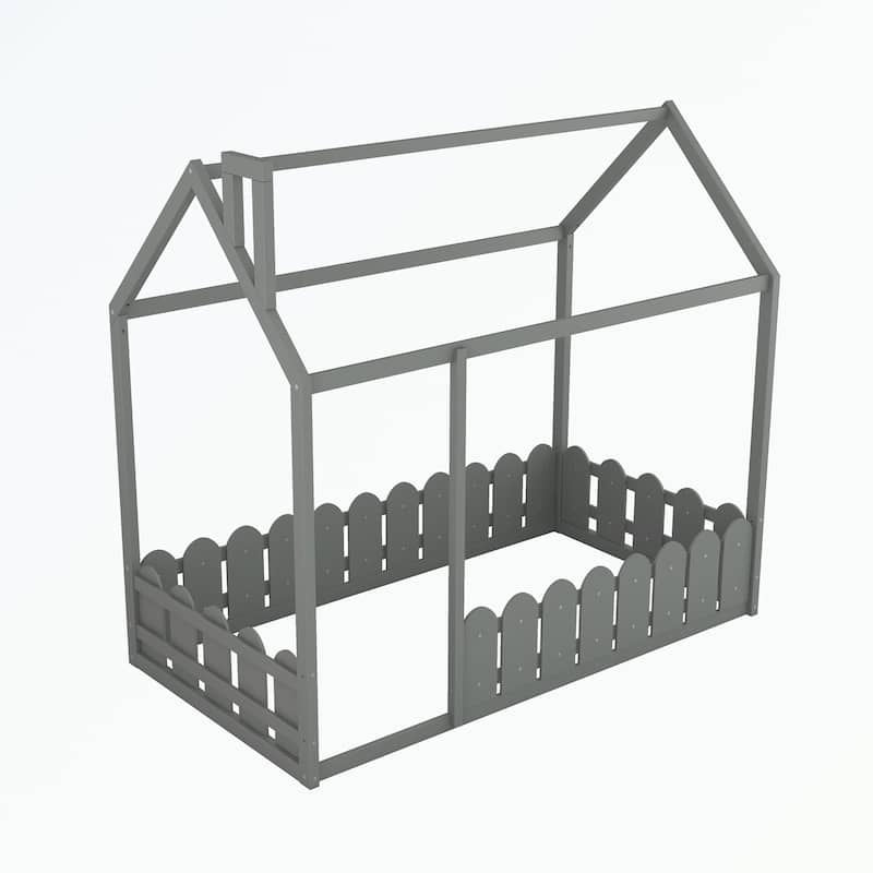 Twin Size Wood Bed House Bed Frame with Fence