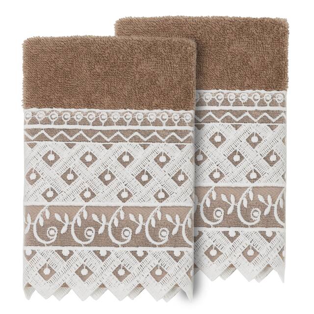 Authentic Hotel and Spa 100% Turkish Cotton Aiden 2PC White Lace Embellished Washcloth Set - Latte