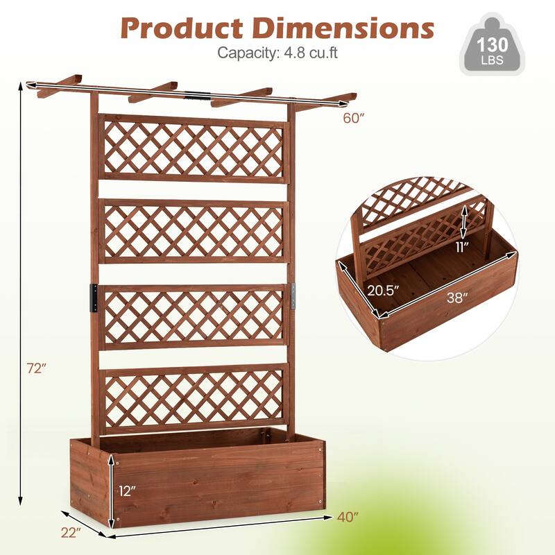 Gymax 72'' Wooden Planter Box w/Lattice Trellis Flat Roof Drainage for
