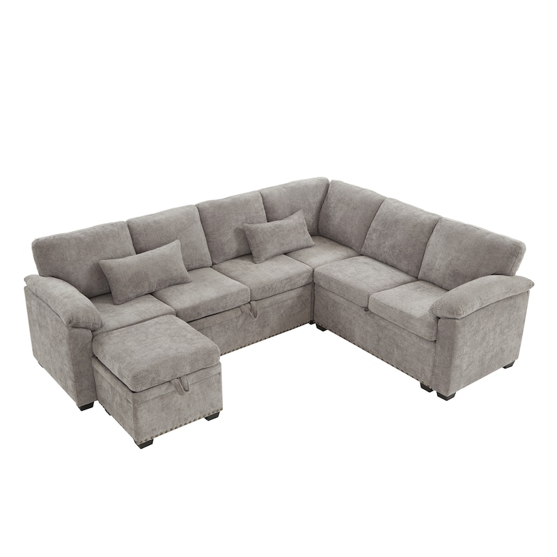 L-Shaped Chenille Sectional Sofa with Pull-Out Bed, Upholstered Convertible 7-Seater Sofa with Storage Ottoman & 2 Pillows