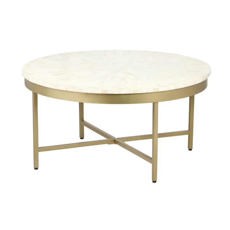 Sevita Alaric Round Bone Inlay and Gold Steel Cross-Leg Coffee Table, 36" W x 18" High - 36" Diameter x 18" H