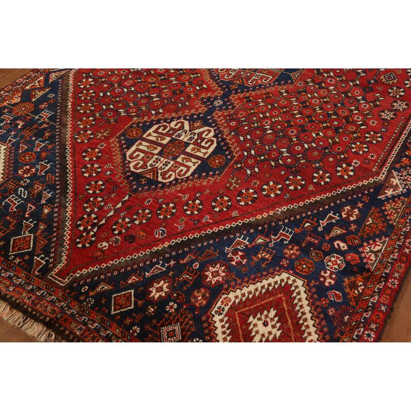 Hand Knotted Oriental 100% Wool Carpet Traditional Geometric Red Shiraz Area Rug - 8' 7'' X 5' 8''