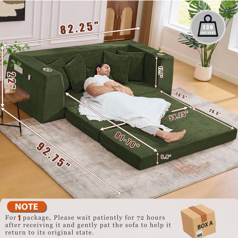 2 in 1 Convertible Sofa Bed, Sleeper Sofa with Storage Pockets, Pull Out Loveseat Couch with Two Cup Holders