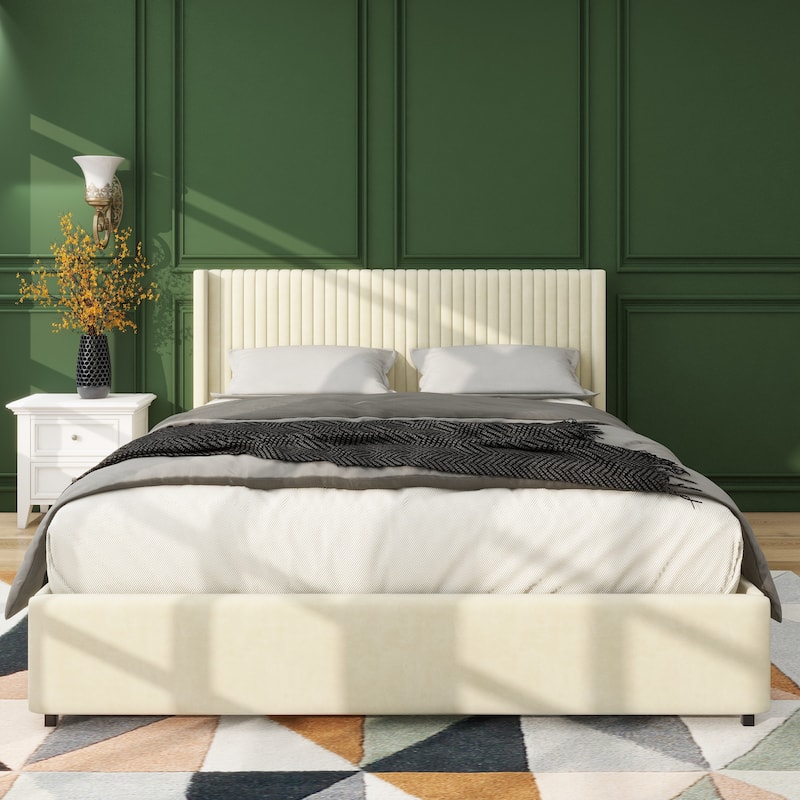 Queen Size Ivory Velvet Upholstered Wingback Platform Bed with Drawer