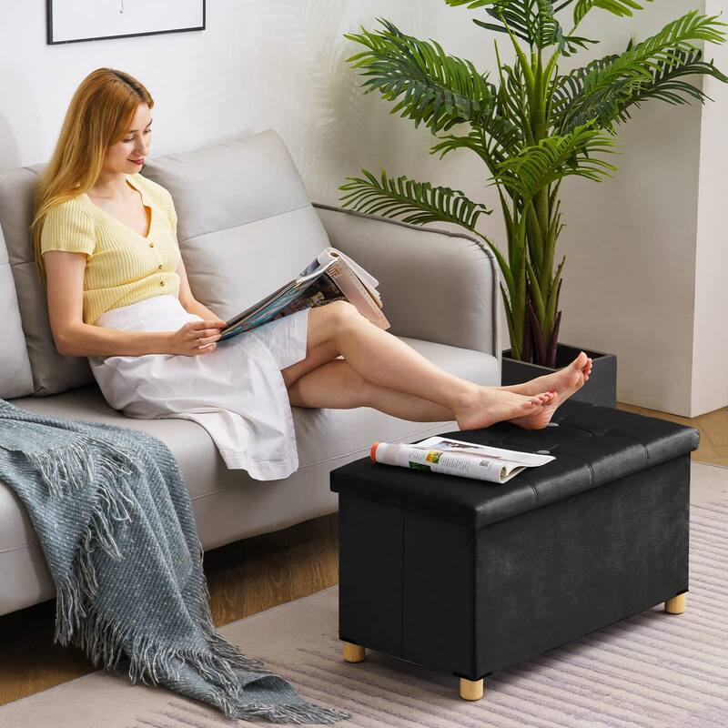 30 Inches Folding Storage Ottoman Bench, Velvet Storage Chest, Footrest Couch with Wooden Legs, Support 350lbs
