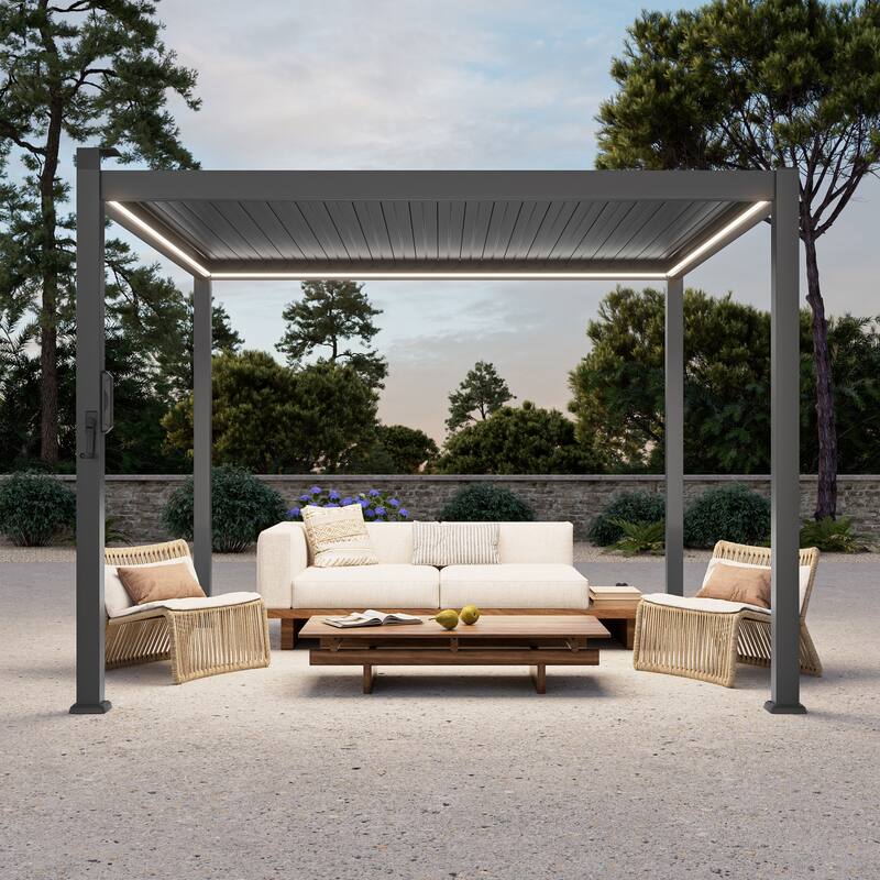 Outdoor Metal Louvered Pergola with LED Strip Lights - 10' x 10' - Grey