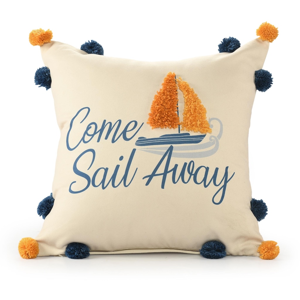 Handmade "Come Sail Away" Square Throw Pillow - 20" - Navy and Orange