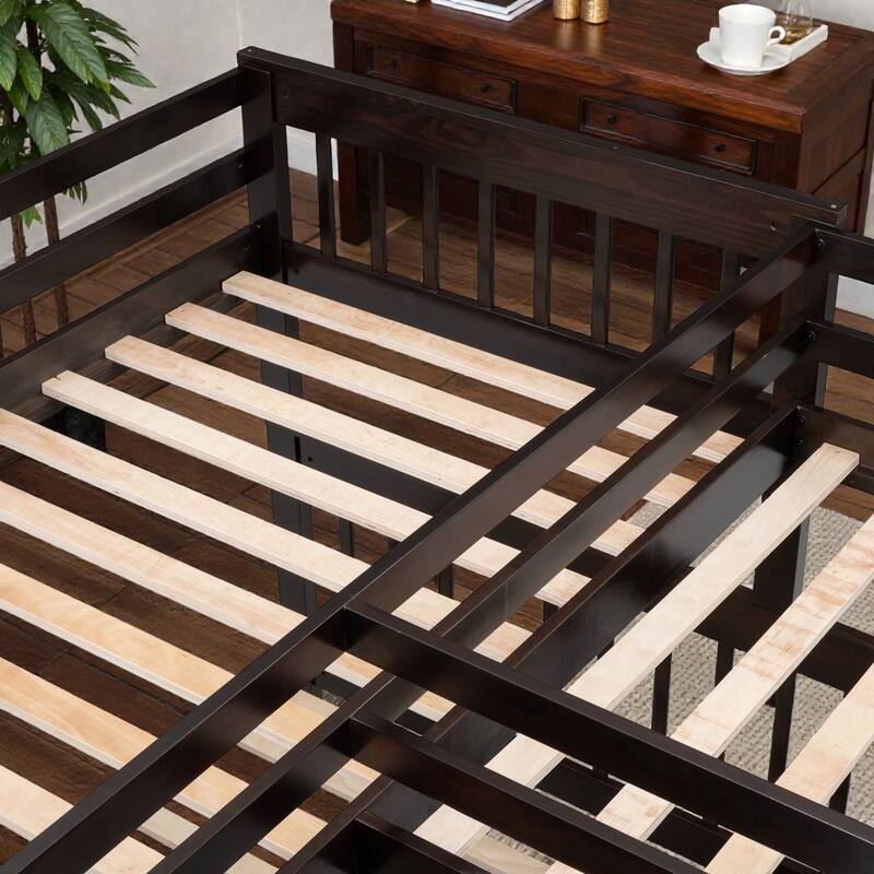 Twin Twin Over Full L-Shaped Bunk Bed with Drawers, Wardrobe and Retractable Desk, Pine Wood Frame